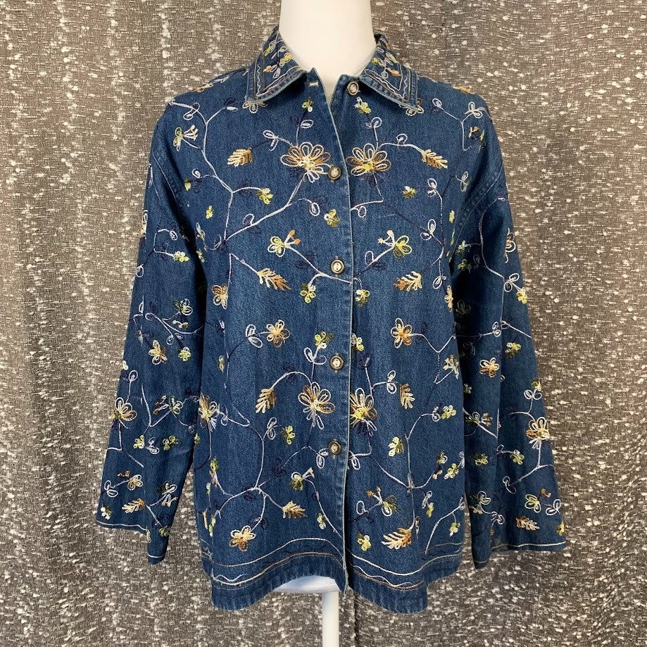 Vintage Jane Ashley Floral Embroidered Denim Button Up Jacket Women's Small