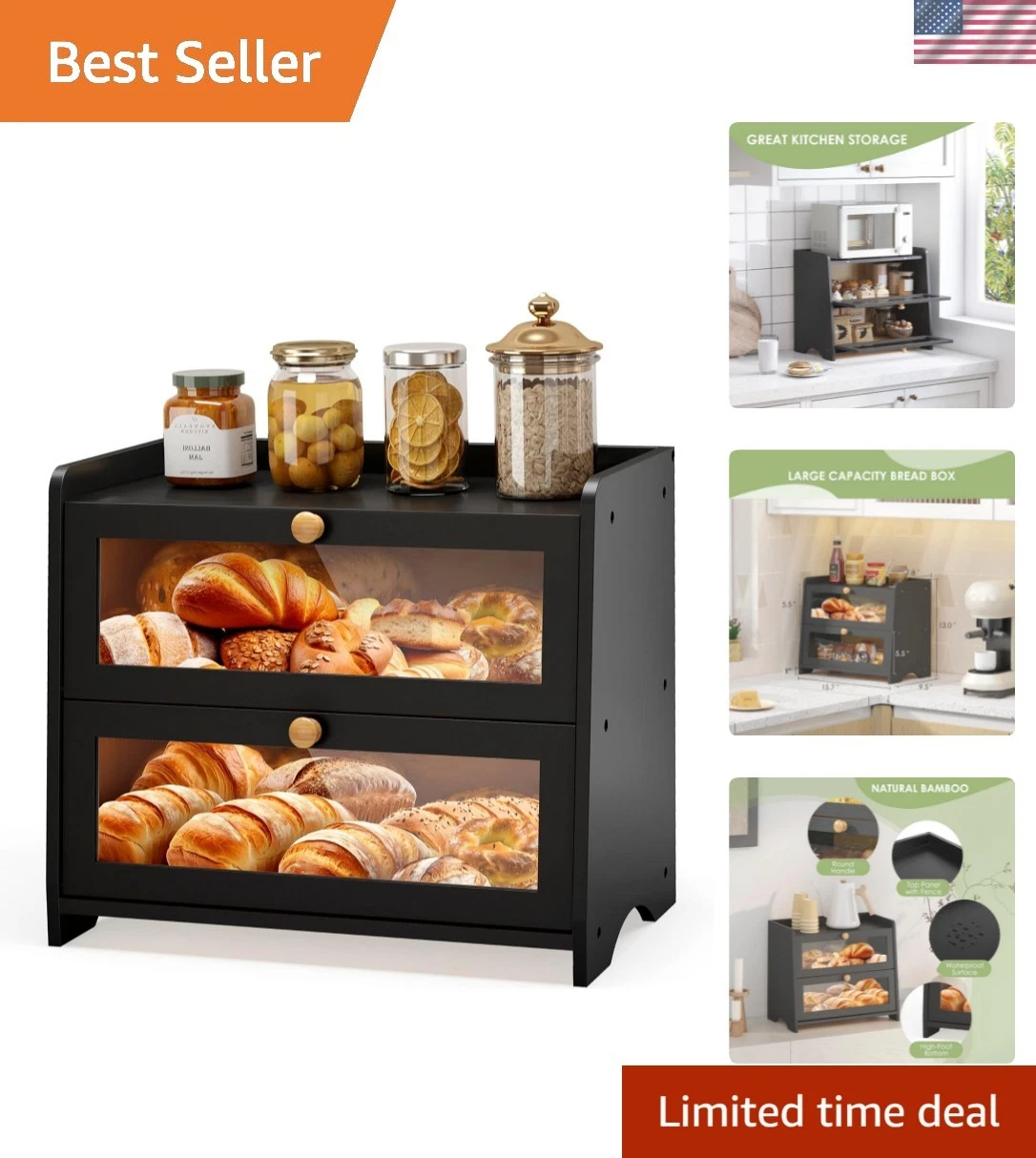 Sturdy Eco-Friendly Bamboo Breadbox - Modern Countertop Holder for Fresh Breads