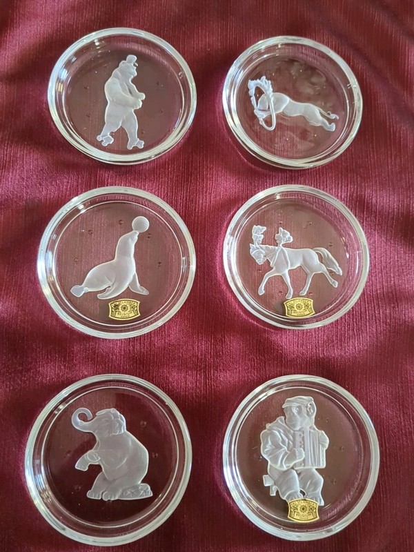 Vintage signed "VSL" Set of 6 Val St Lambert Crystal Circus Animal Coasters