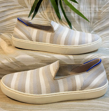 Rothy  s The Sneaker Women's 7.5 Slip on Beige Tan Birch Gold Stripes Knit ROTHYS