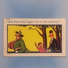 Comic Postkarte 1961 Fat Lady Hut Feder Vogel Baum größere Brüste kleiner Junge Trow