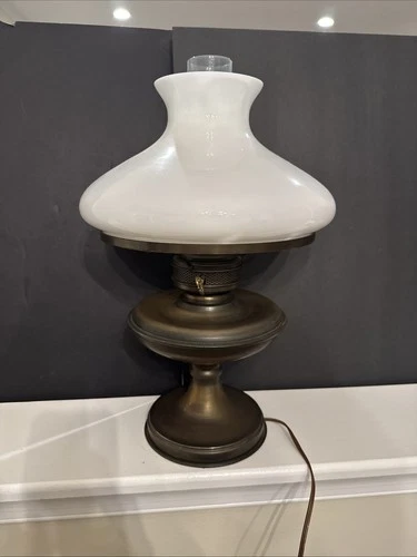 Vintage Milk Glass And Brass Hurricane Lamp Electrified  17” Tall.