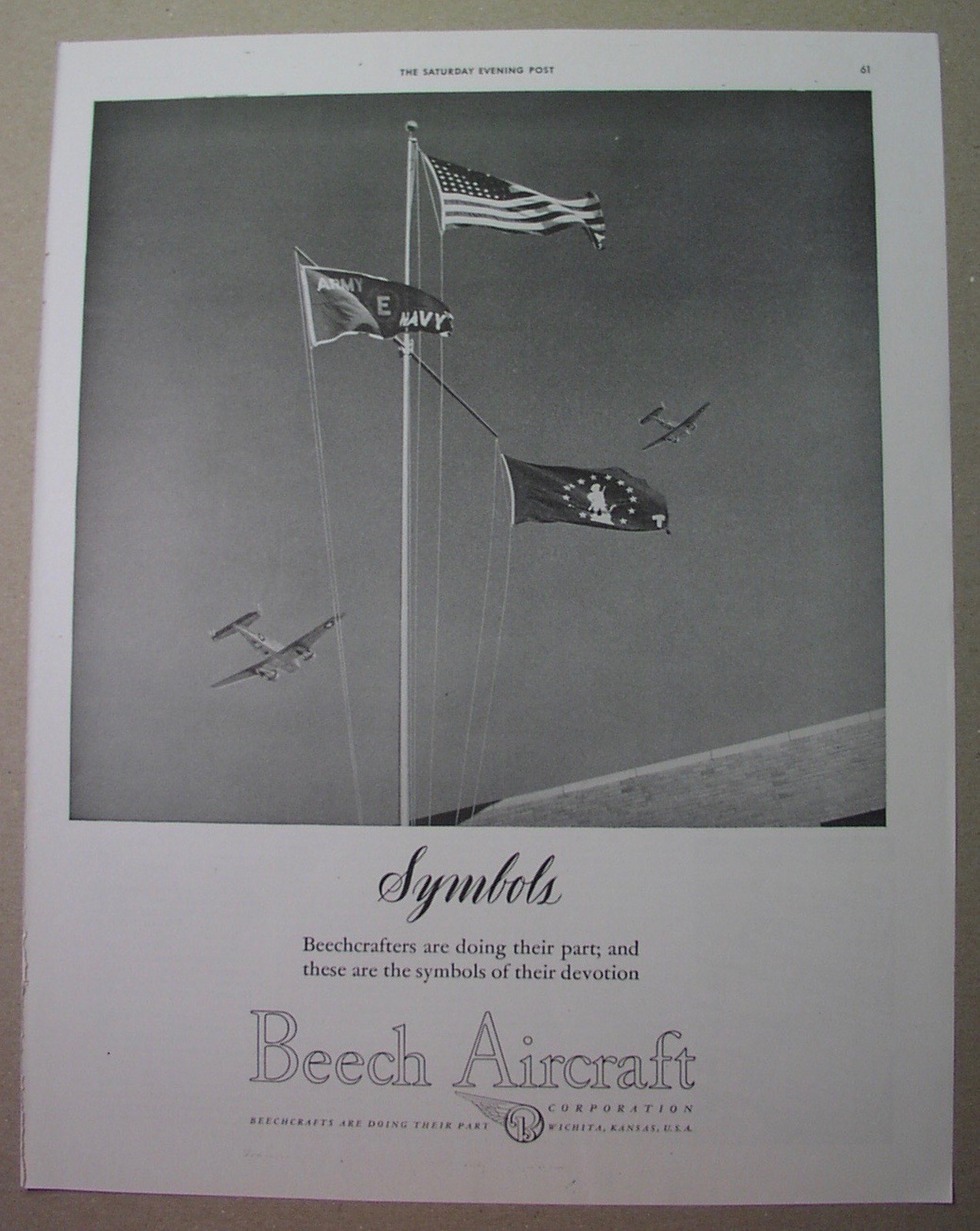 BEECHCRAFT airplanes - 7 ads, 1942-1947; WICHITA Kansas; Bonanza; KING of BORNEO