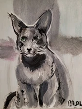 Monochrome Cat Portrait • Green Eyes • 9x12 Acrylic Canvas • Original Art