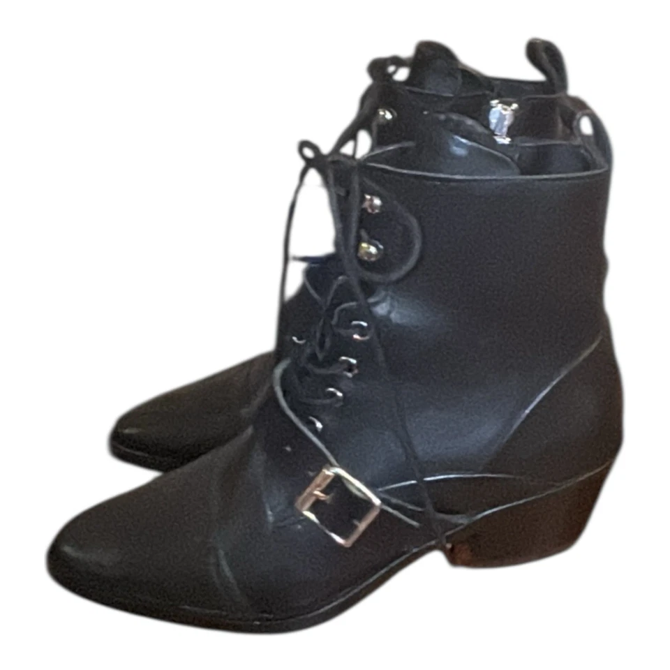 ALLSAINTS Katy 黑色皮革蕾丝尖头扣踝靴女式 37 US 7 — 第 3/4 张图片