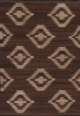 Southwestern Brown Natural Dye Kilim Oriental Wool Rug 5x6 ft Flat-weave Carpet