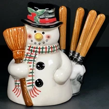 New In Box Vintage Cracker Barrel Ceramic Christmas Snowman Holder & 4 Spreaders