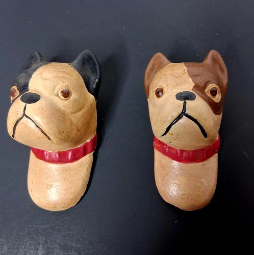 Set Vintage BOSTON TERRIER Dog Chalkware Heads 3D Wall Hanging Plaques Ornaments