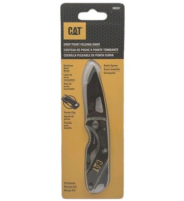 Cat 6-1/4 Inch Folding Skeleton Knife With Bottle Opener and Black Blade