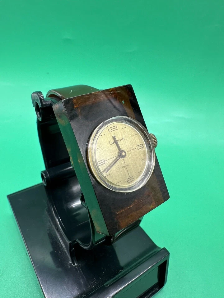 Reloj Pulsera Lucerna Vintage Suizo Acrílico Cuerda Mecánico Marrón/Ámbar/Claro Foto 2 de 4