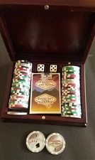 Las Vegas Style Vintage Wooden Box with Poker Chips, dice and cards never opened