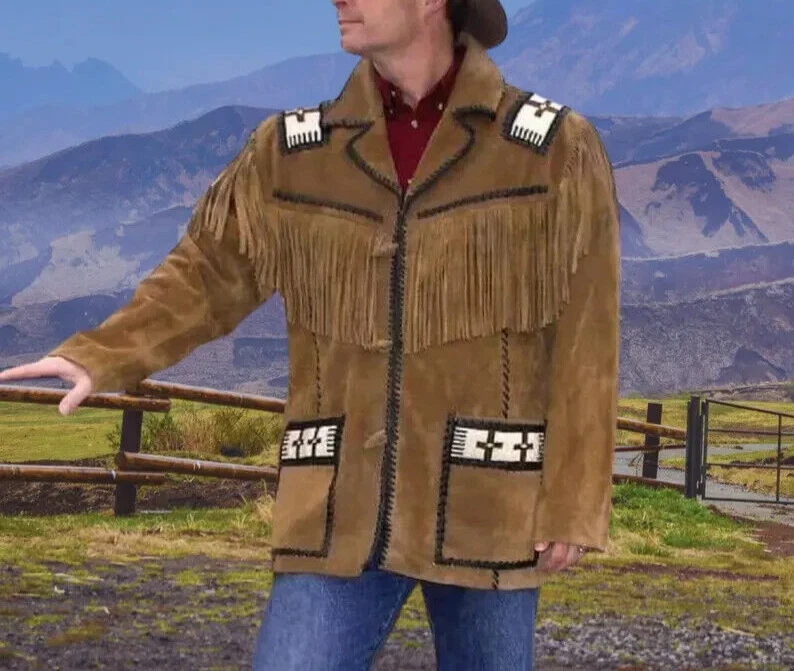 Men Brown Native Western Suede Leather Jacket With Fringe & Beaded Work