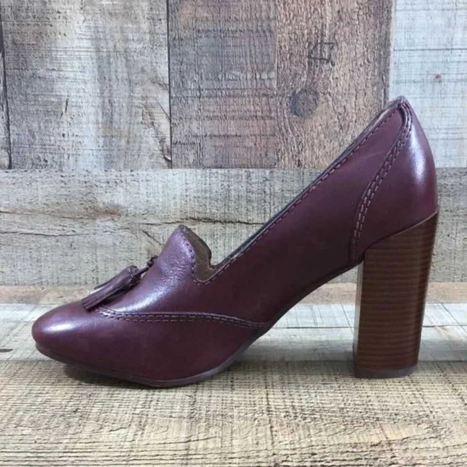 Lands End Burgundy Leather Stowe Tassel High Heel Shoes Womens 6B Slip On Kiltie - Image 4 of 4