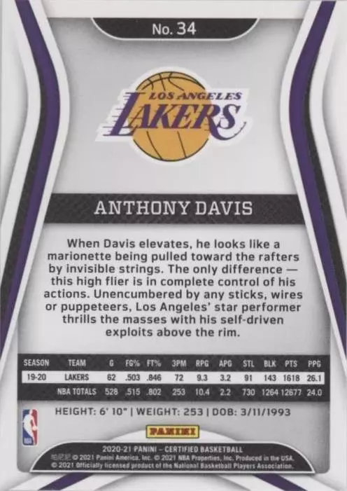 2020-21 Panini Certified - Anthony Davis #34