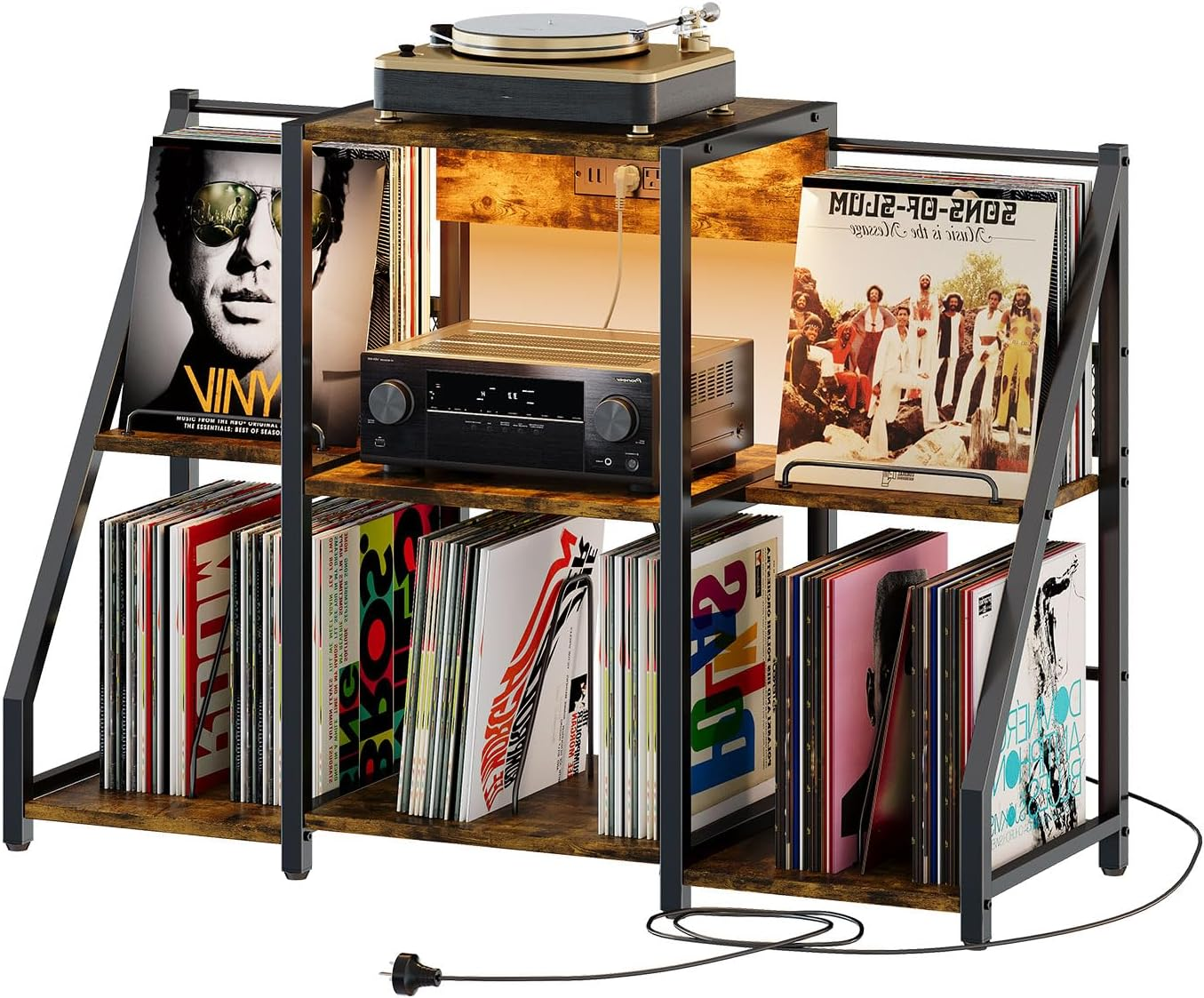 Vintage Record Player Stand with Power Outlet and LED Lights-image