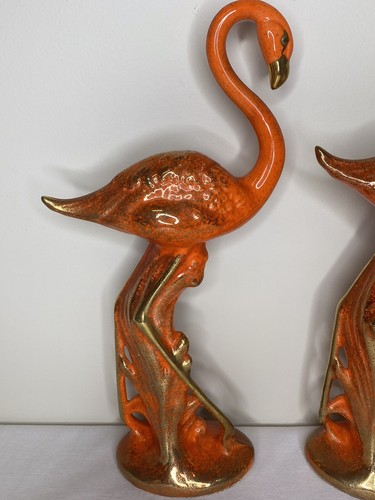 Vintage MCM California Pottery Pair of Red Orange Gold 16" Ceramic Flamingos - Picture 6 of 11