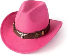 Pink Western Cowboy, Cowgirl Hat, Bull Horns Strap, Men Women Retro Wide Brim