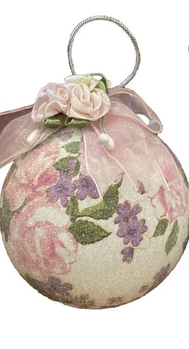 Vintage Sugar Frosted 3” Victorian Pink Rose Ornaments Silk Ribbon set of 4 - Picture 4 of 4