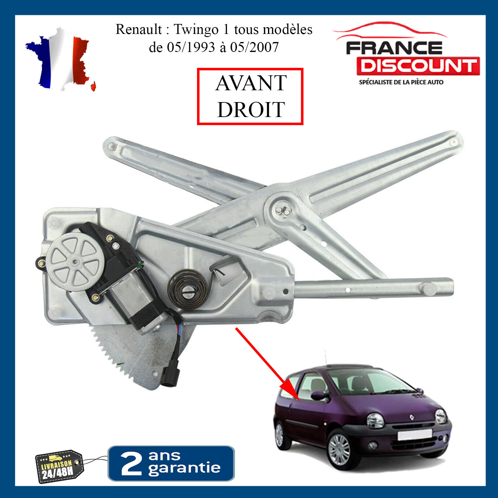 Lève-vitre électrique avant droit avec moteur pour Renault Twingo 1 - 2