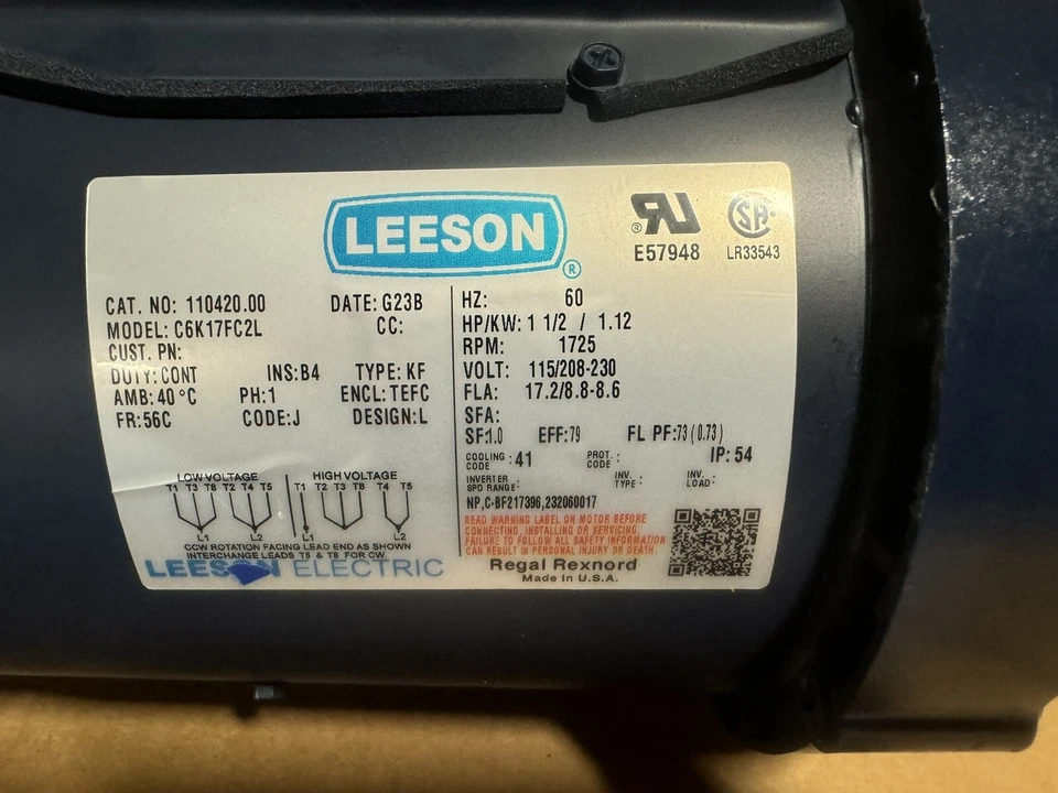Leeson General Purpose Motor 1.5 HP 1 Ph 60 Hz 115/230V 56C TEFC #110420.00 - Image 2 of 3