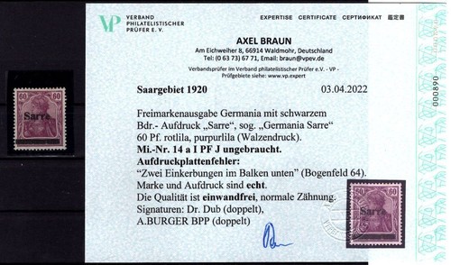 Saar 14aI Pfj Abart MH + Gepr. Finding (T5992