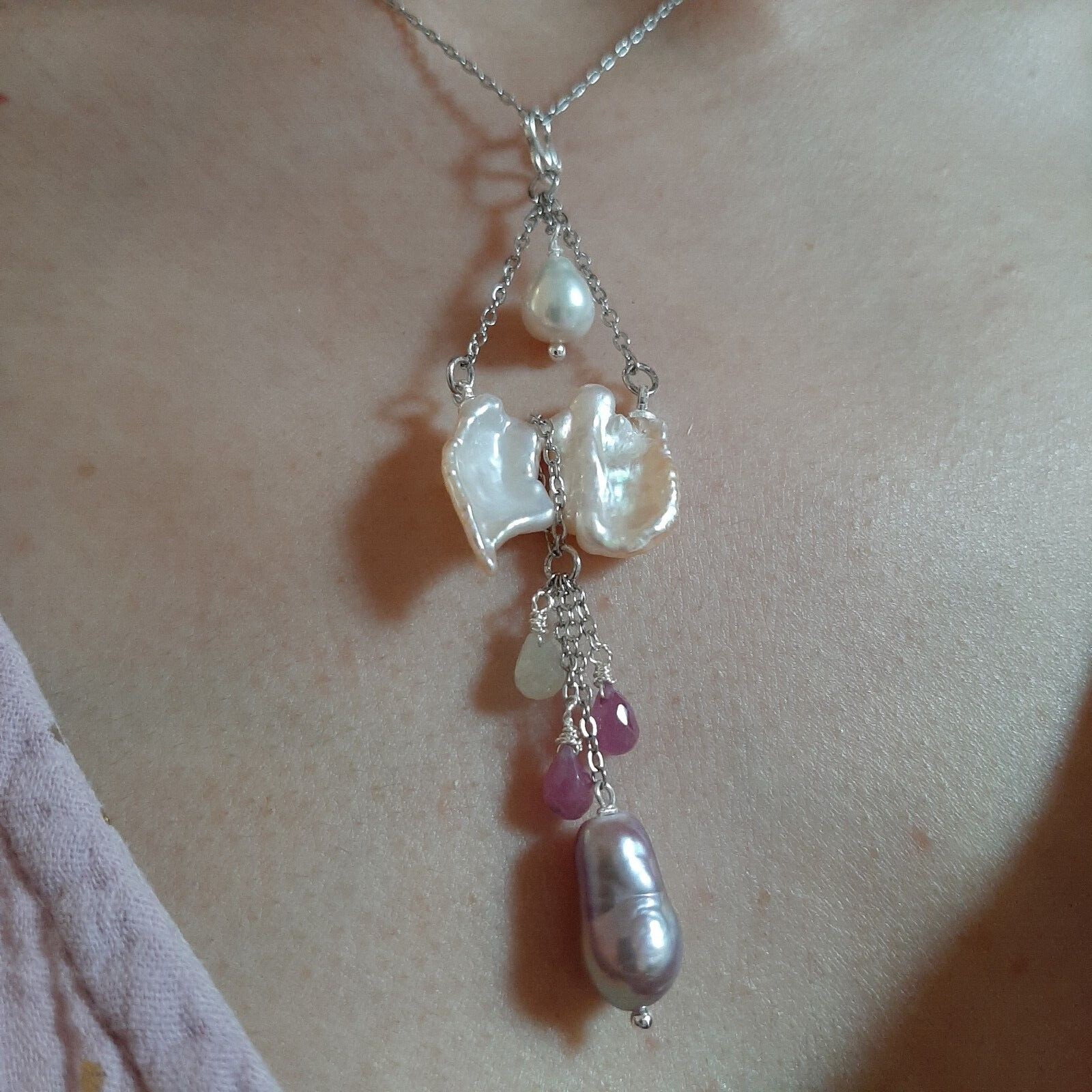 Pendentif perle baroque saphir rose et jaune en argent massif, bijoux pierres précieuses 562