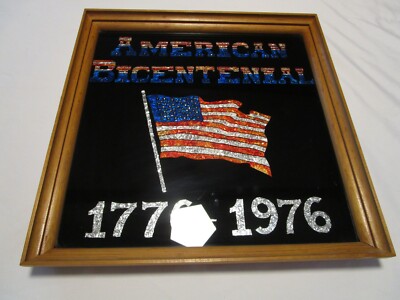 Vintage Wall Bicentennial American FLAG Tinsel Reverse Painted Glass 17.5''t 1970