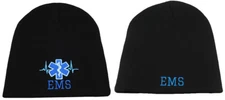 EMS Beanie Star of Life Heartbeat Black Embroidered Knit Beanie Skull Cap