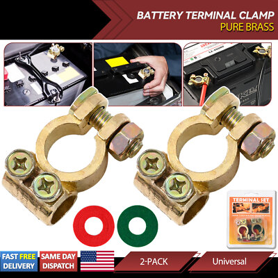 #ad 2 x Pure Brass Battery Terminals Connectors Clamps Top Post Protector w Washers $8.69