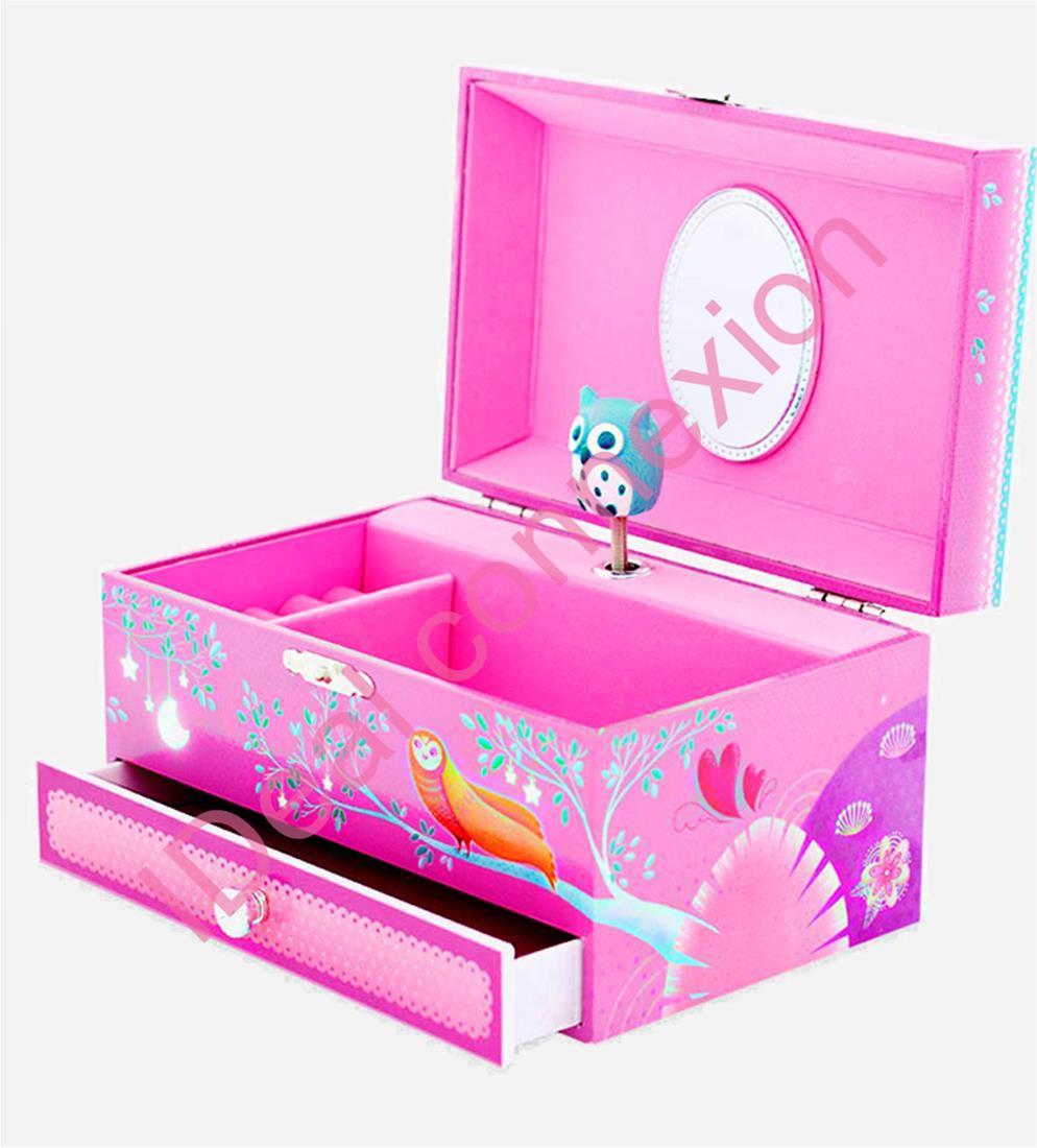 Boite à bijoux musicale Hibou avec tiroir de rangement en bois rose