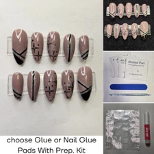 Hand Painted, Medium Almond Press on nails - nude w/ black & holo silver designs