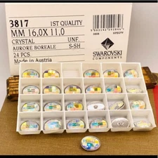 Full box 24 AB faceted crystal Swarovski buttons ovals silver shank back