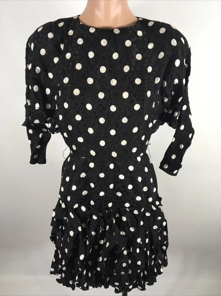 Vestido blusa vintage anos 80 Gillian babado bolinhas seda gota cintura coquetel tamanho 2 - Imagem 3 de 4