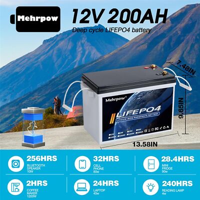 12V 200AH Mini LiFePO4 Lithium Battery 200A Smart BMS for Solar RV Off ...