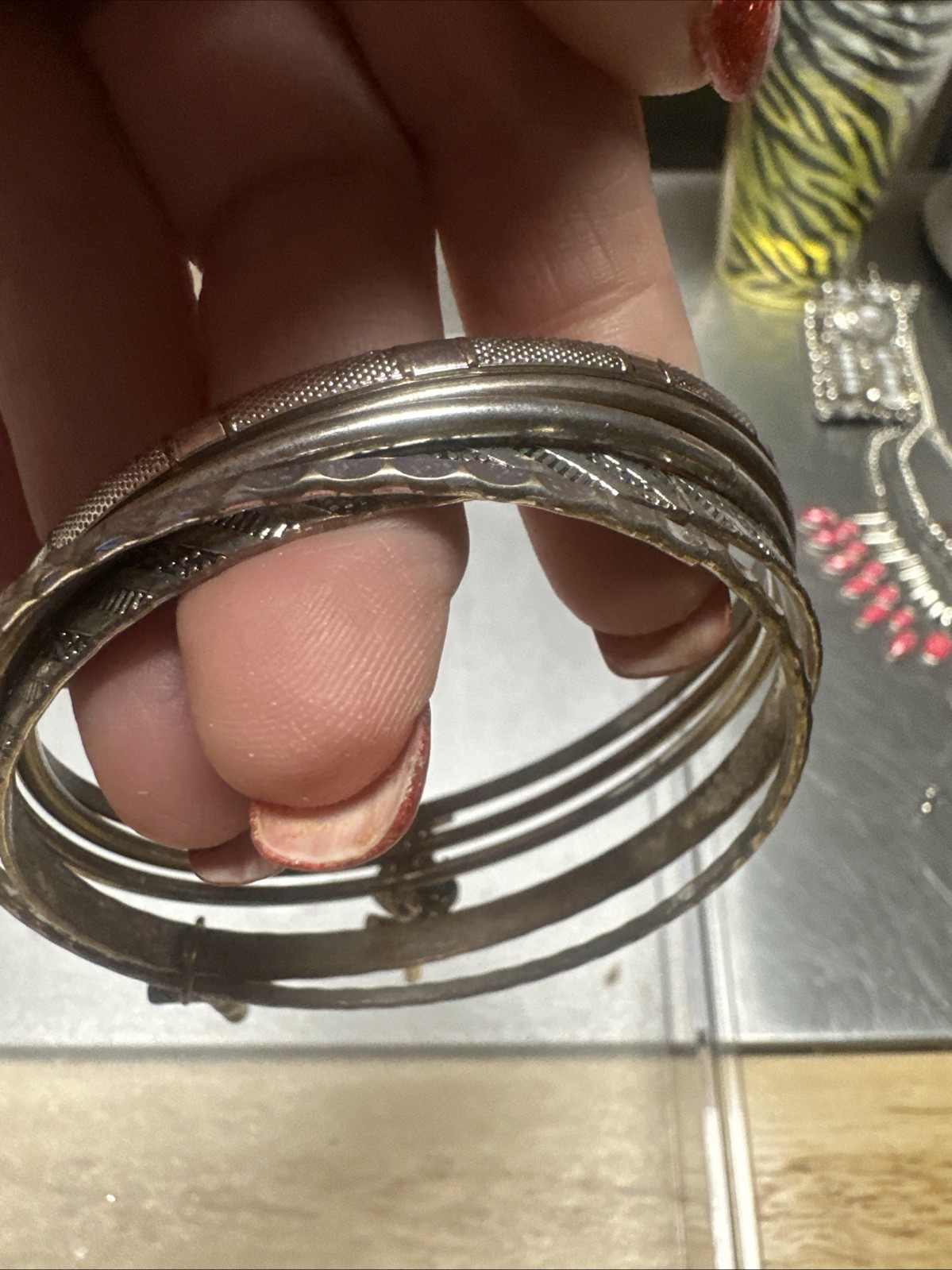 5 thin silver faceted bangle bracelets - image 1