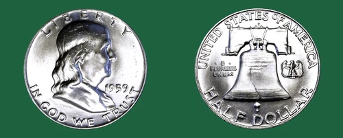 1959-D FRANKLIN HALF DOLLAR SILVER 50C BU+++ (MS+++) DOUBLE DIE FS-801    FBL!