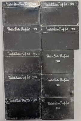 1973-1982 U.S. Mint Proof Sets OGP Box Lot of (10) Annual Sets