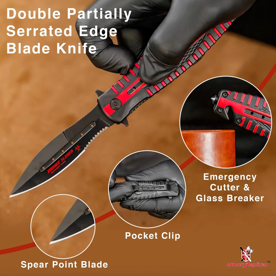 Navaja de bolsillo táctica asistida por resorte Quarantine Red Zone Zombie Slayer 8 Foto 3 de 4