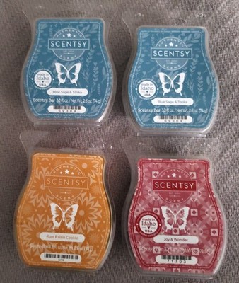 SCENTSY ~ WARMER WAX REFILLS ~ LOT OF 4 - BLUE SAGE (2) / RUM RAISN COOKIE / JOY