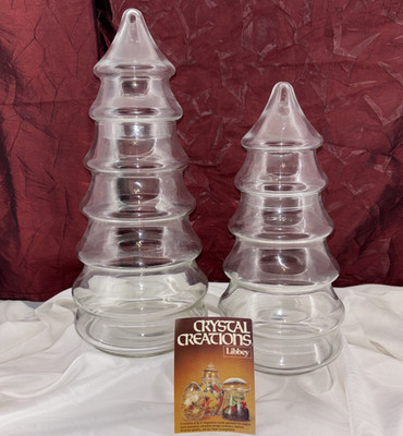 2 NWOT Vtg Libbey Clear Glass Christmas Tree Apothecary Jars Crystal Creations