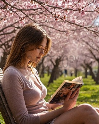 Beautiful Redhead Woman Reading Cherry Blossom Trees Spring Fantasy Art Print
