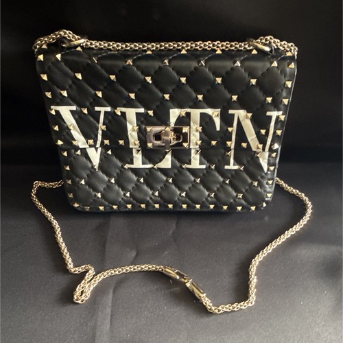Valentino VLTN Black Quilted Studded Chain Shoulder Bag w/ Zip Closure