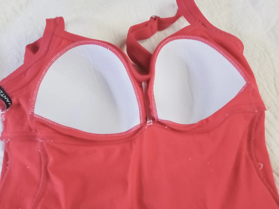 Maiô vintage anos 90 Jantzen tamanho 12 M vermelho curvilíneo com saia acolchoado praia cruzeiro férias - Imagem 3 de 4