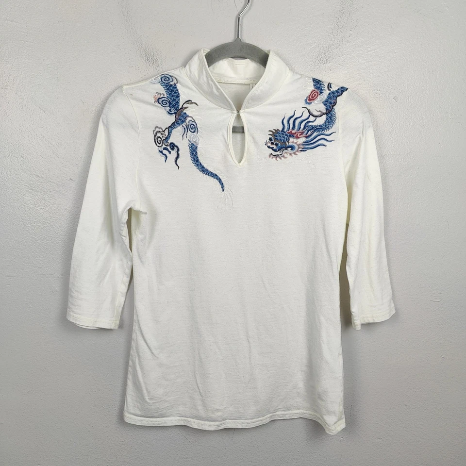 Top bordado vintage Y2K Vivienne Tam Dragon para mujer cuello mandarín mediano Foto 2 de 4