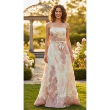 Carmen Marc Valvo Strapless Floral Lace Silk Gown Formal Evening Dress Size 6