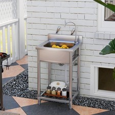 Stainless Steel Utility Sink with Cold and Hot Water Pipe for Outdoor, Silver