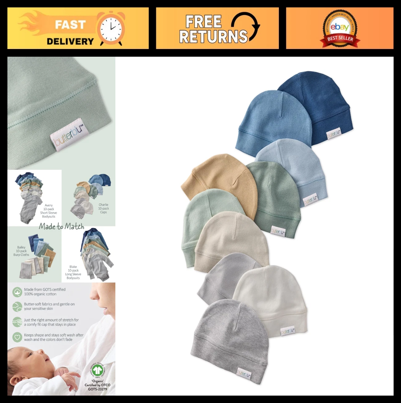 10-Pack Organic Cotton Baby Beanies - Soft Hats for Newborns, Infants, Unisex