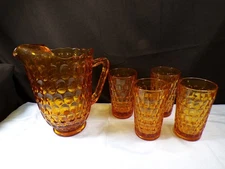 Fenton Amber Glass Thumbprint Water Set - Pitcher & 4 Tumblers