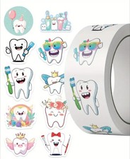 500 pcs Sticker Seals Roll NEW Cute Cartoon Happy Teeth Tooth Dental Self Adhes