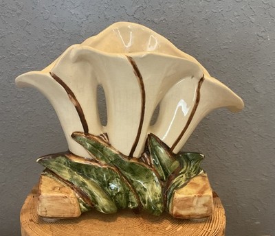 Vintage McCOY Pottery Vase Triple Calla Lily w/Green Brown & White